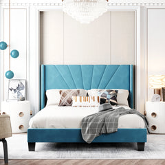 Queen Size Upholstered Platform Bed - Velvet Blue