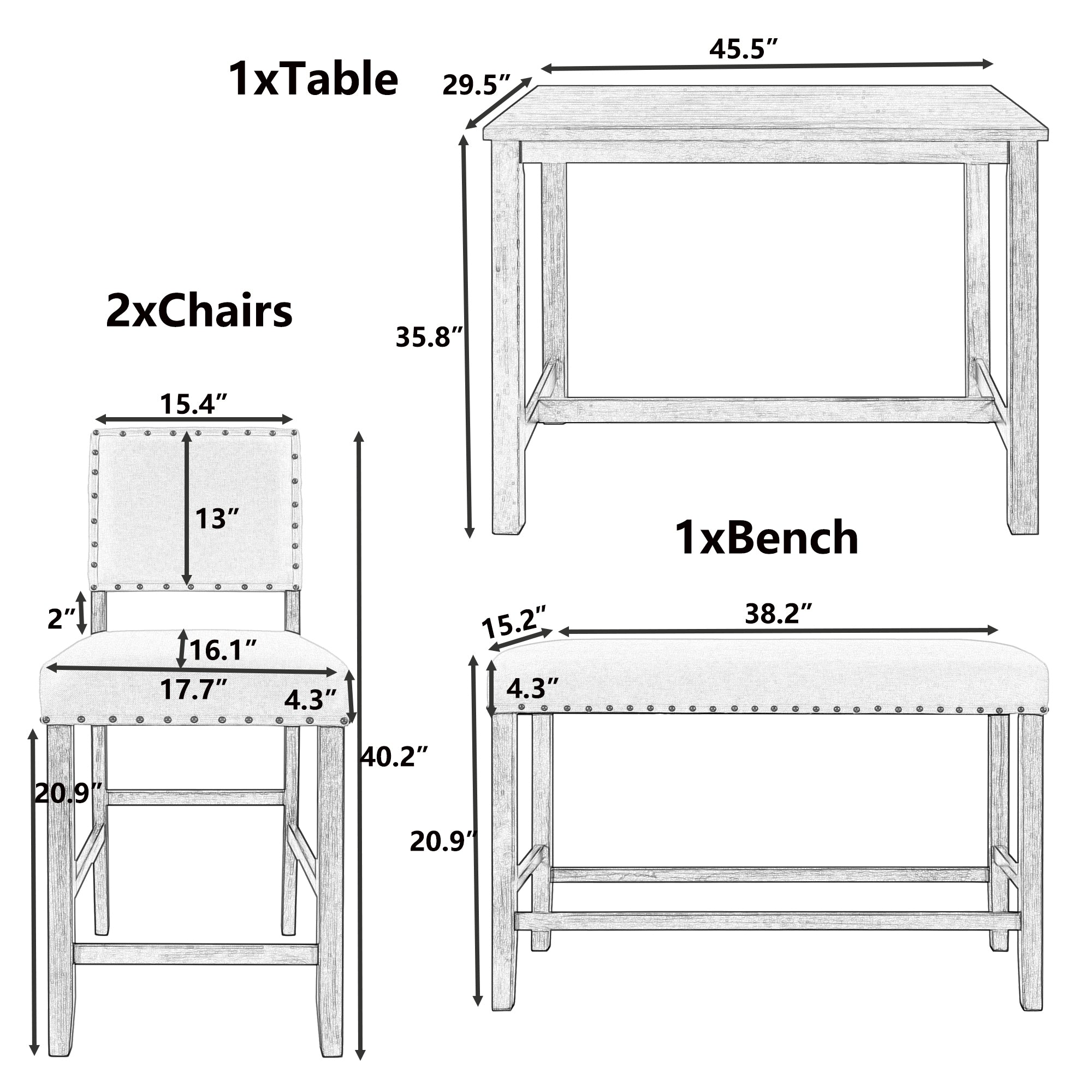 4 Piece Rustic Wooden Counter Height Dining Table Set with Upholstered Bench - Natural+Beige