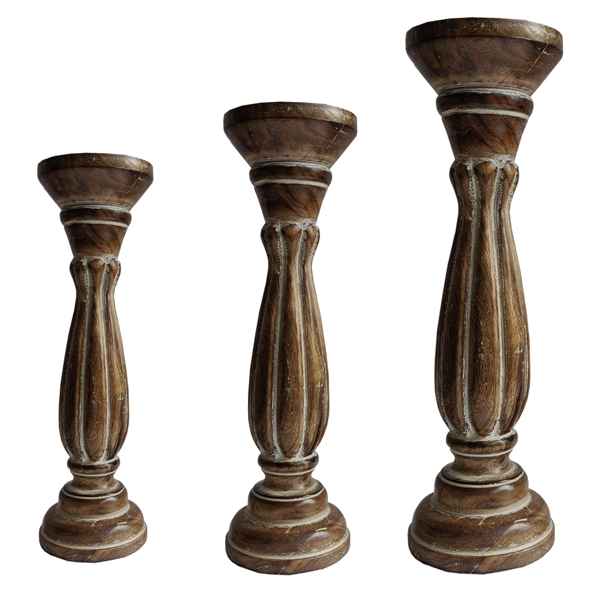 Handmade Wooden Candle Holder with Pillar Base Support (Set of 3) - Distressed Brown