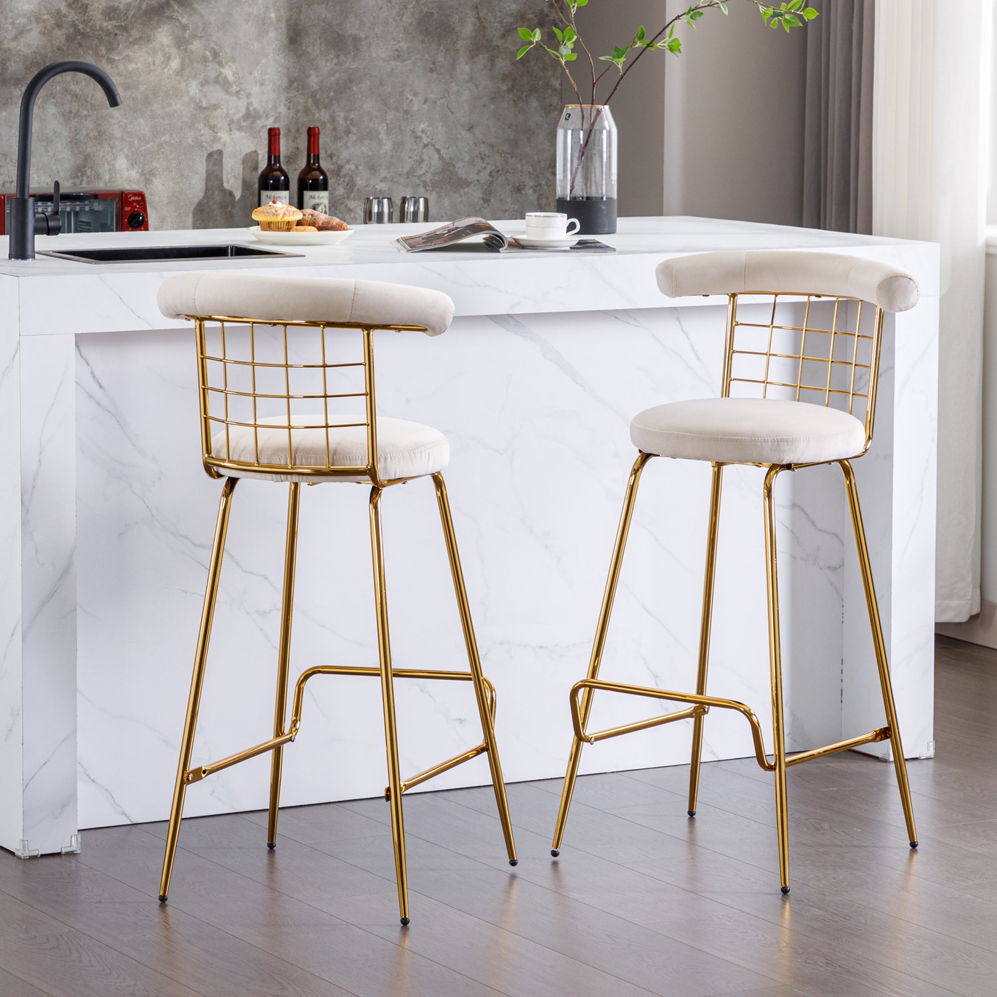 Luxury Velvet High Bar Stool with Metal Legs and Soft Back with Metal Legs (Set of 2) -Beige