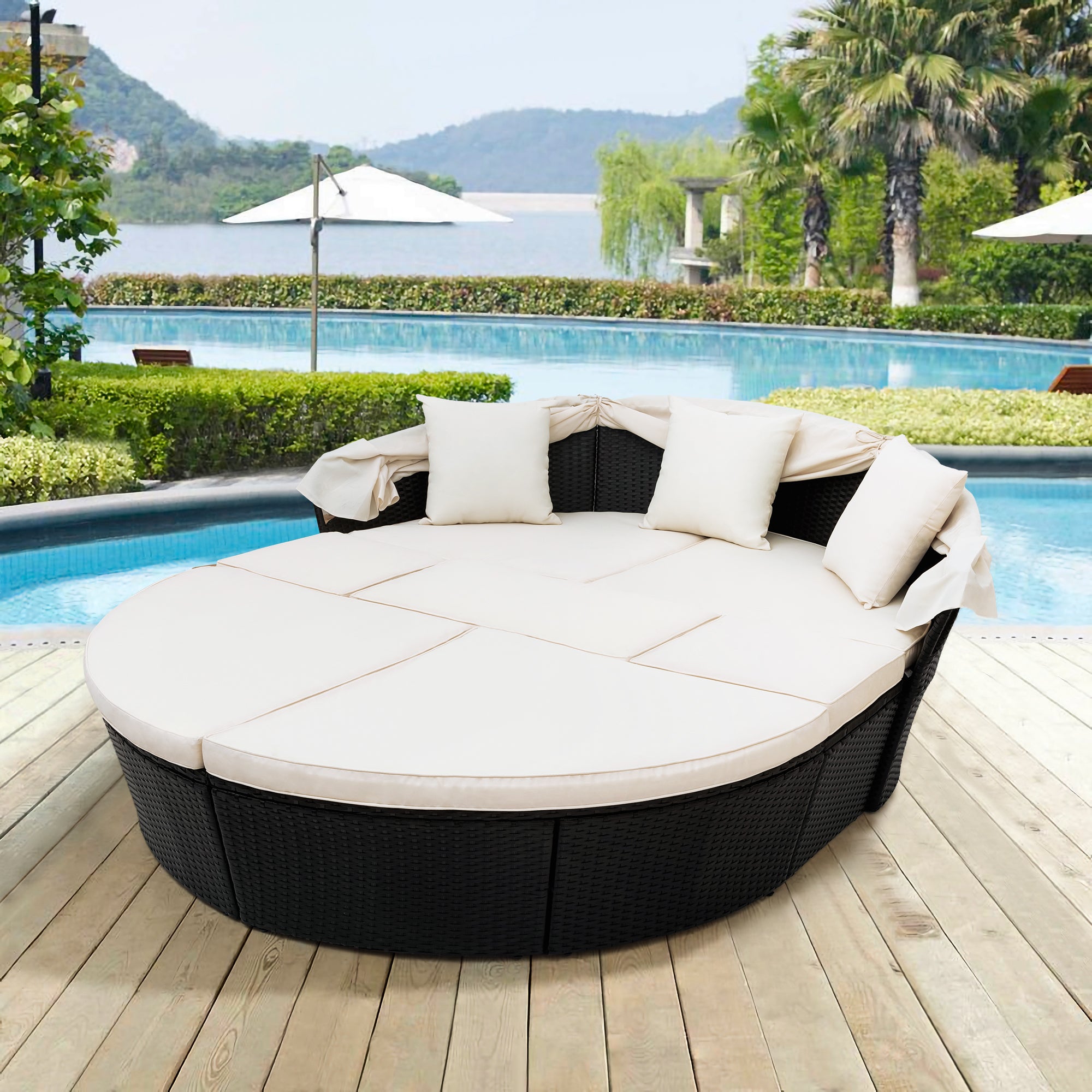 Outdoor Rattan Daybed Sunbed with Retractable Canopy Wicker - Beige