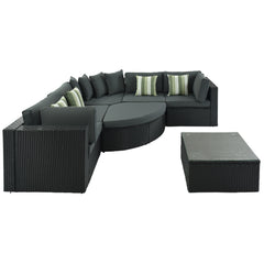 7-piece Outdoor Wicker Sofa Set, Rattan Sofa Lounger, With Striped Green Pillows- Black Wicker + Gray Cushion