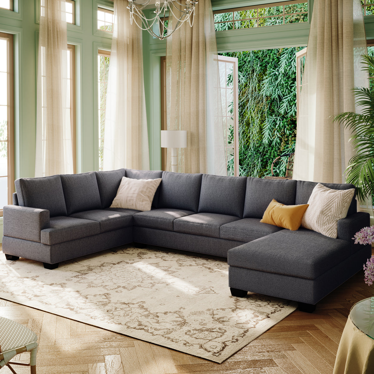Modern Large Upholstered  U-Shape Sectional Sofa, Extra Wide Chaise Lounge Couch - Grey