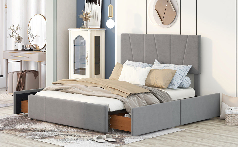 Queen Size Upholstery Platform Bed with Four Drawers on Two Sides,Adjustable Headboard - Grey