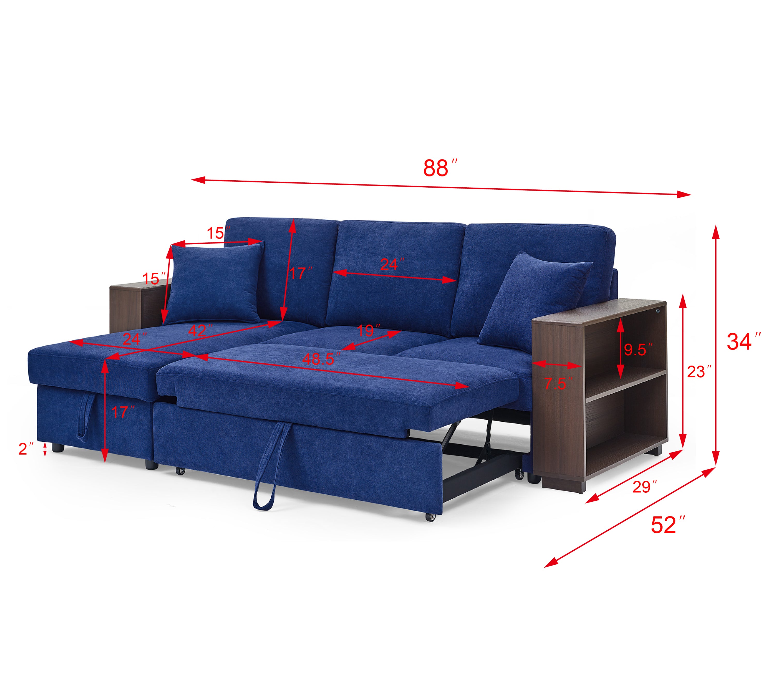 MAICOSY 88" Sleeper Sofa and Reversible Chaise Storage & Two Pillows, Navy Blue