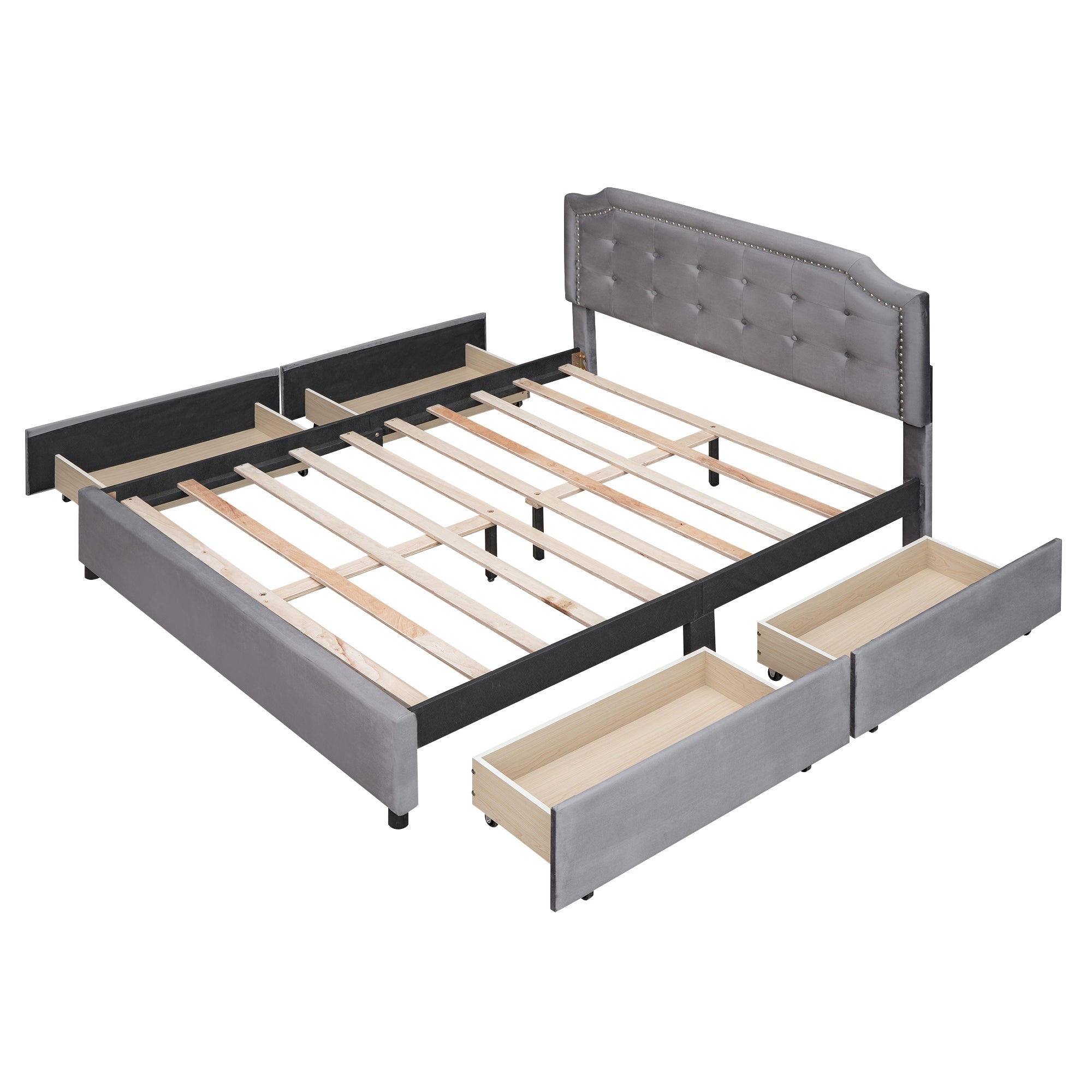 Elegant Queen Size Bed with Classic Headboard and 4 Drawers - Velvet Gray