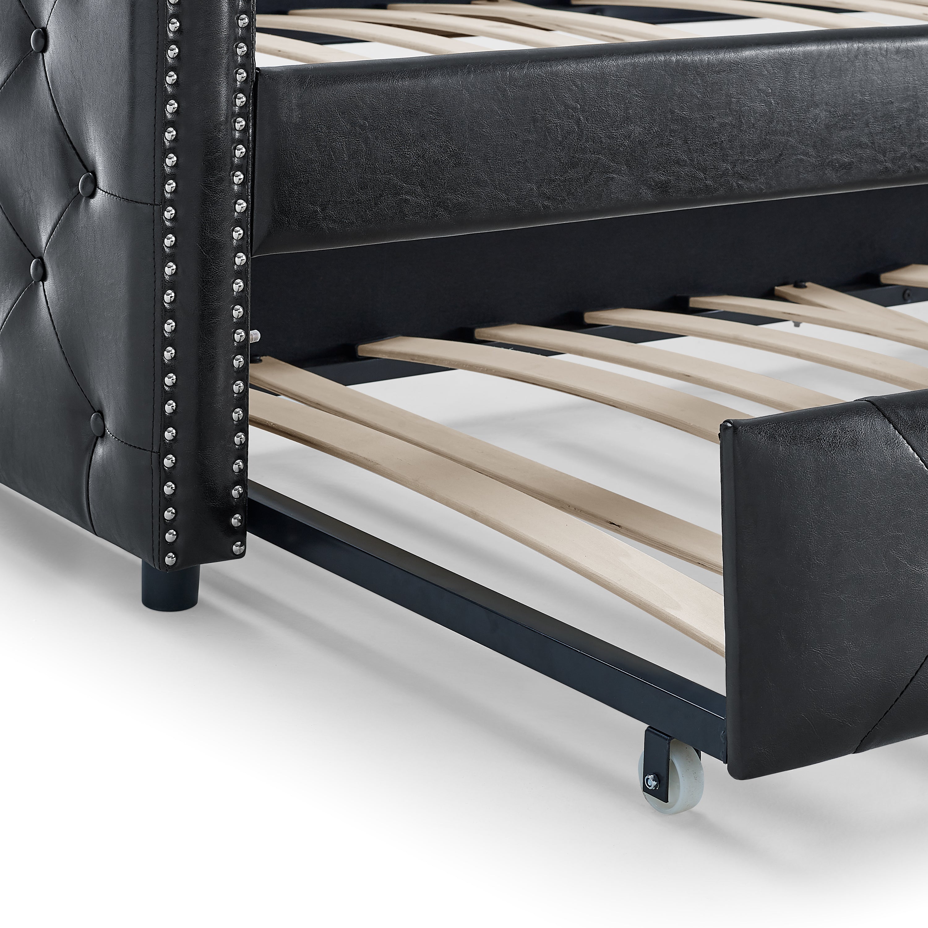 Daybed with Trundle Upholstered Tufted Sofa Bed, with Button and Copper Nail on Arms both Twin Size - Black