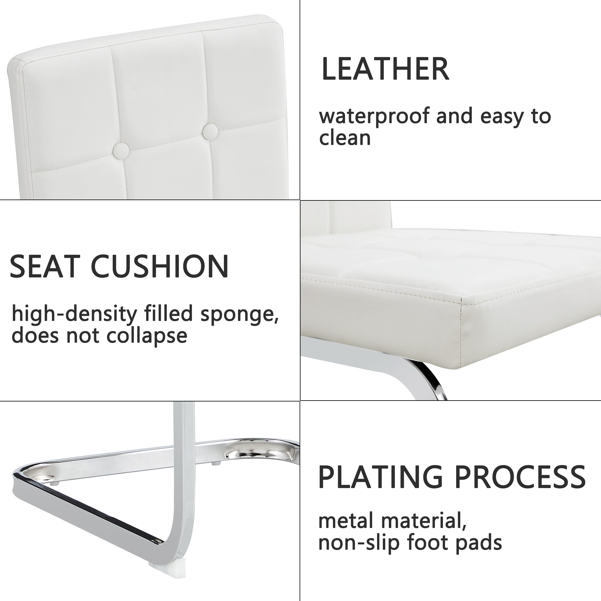 Modern Style Dining Chairs with Inset Buttons, C-shaped Tube Plating Metal Legs (Set of 2) - White