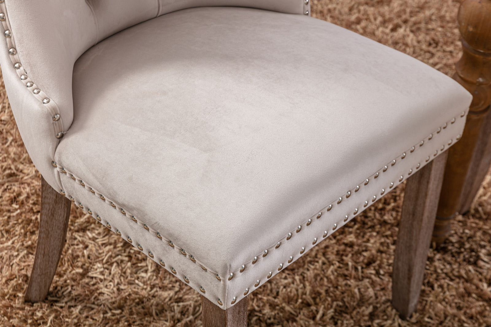 Modern High-end Tufted Velvet Upholstered Dining Chair with Wood Legs Nailhead Trim (Set of 2) -Beige