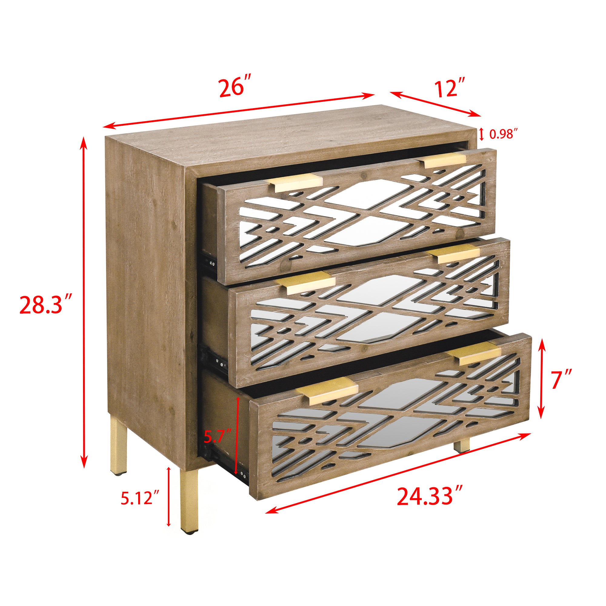 Wooden Storage Cabinet with 3 Drawers, Vintage Mirrored Cabinet - Natural