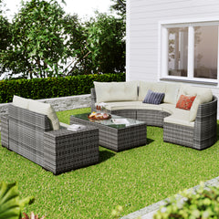 8-pieces Outdoor Wicker Curved Sofa Set All Weather PE Rattan Water-resistant and UV Protected - Beige