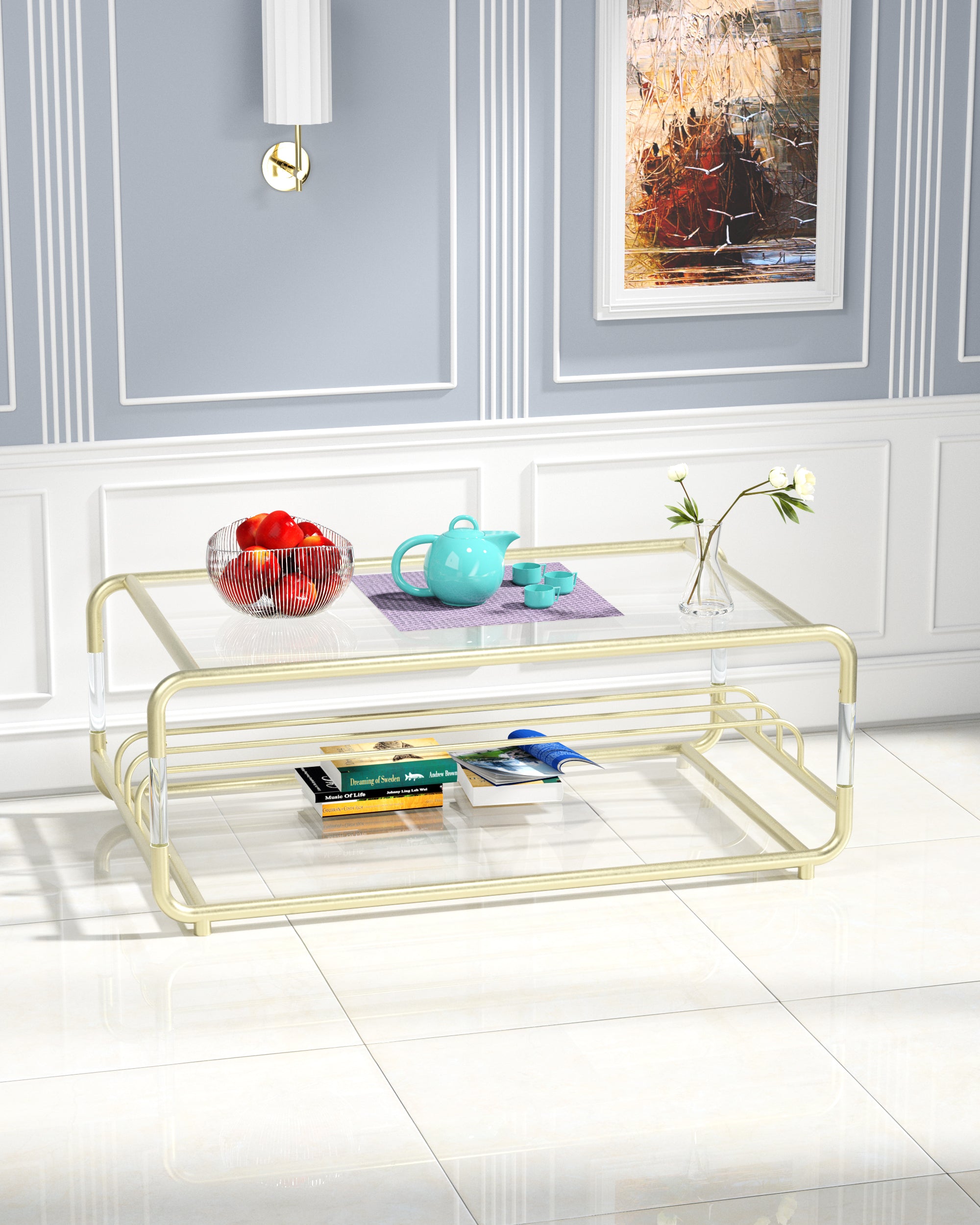Gold Stainless Steel With Acrylic Frame Clear Glass Top Coffee Table