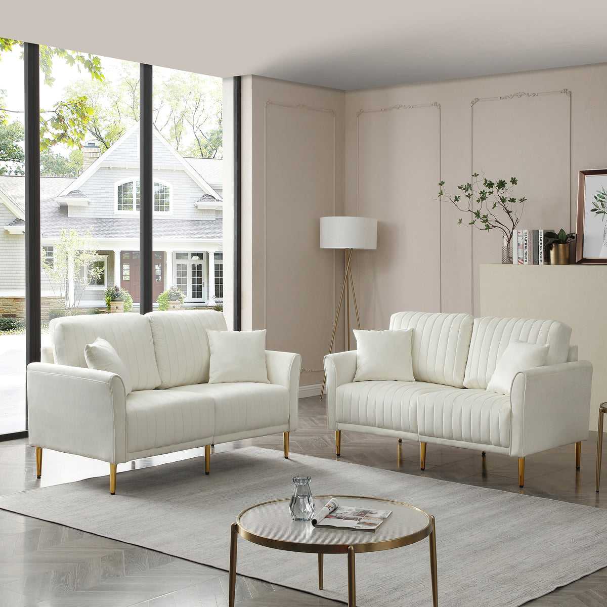 Set of 2 Couches 2-Piece Cream Velvet Upholstered Living Room Sofa, Including 2-Seater Sofa and Loveseat with Four Throw Pillows and Metal legs