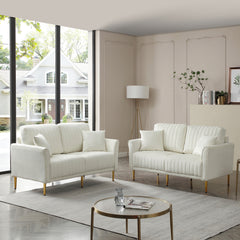 Set of 2 Couches 2-Piece Cream Velvet Upholstered Living Room Sofa, Including 2-Seater Sofa and Loveseat with Four Throw Pillows and Metal legs