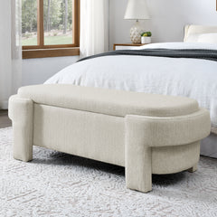 Linen Fabric Upholstered Bench with Large Storage Space - Beige