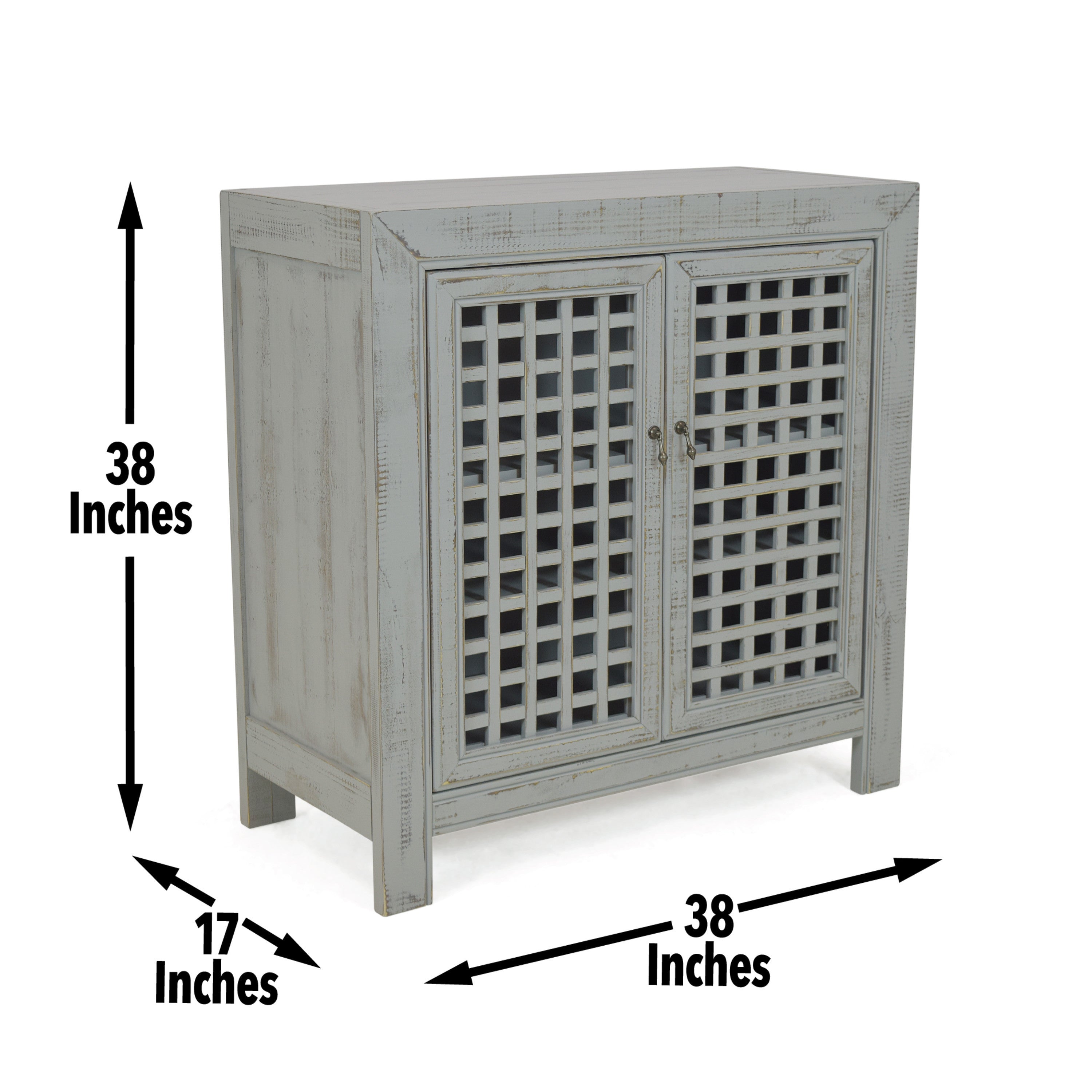 Farmhouse Inspired Accent Cabinet - Lattice Work Front - Distressed Grey Finish