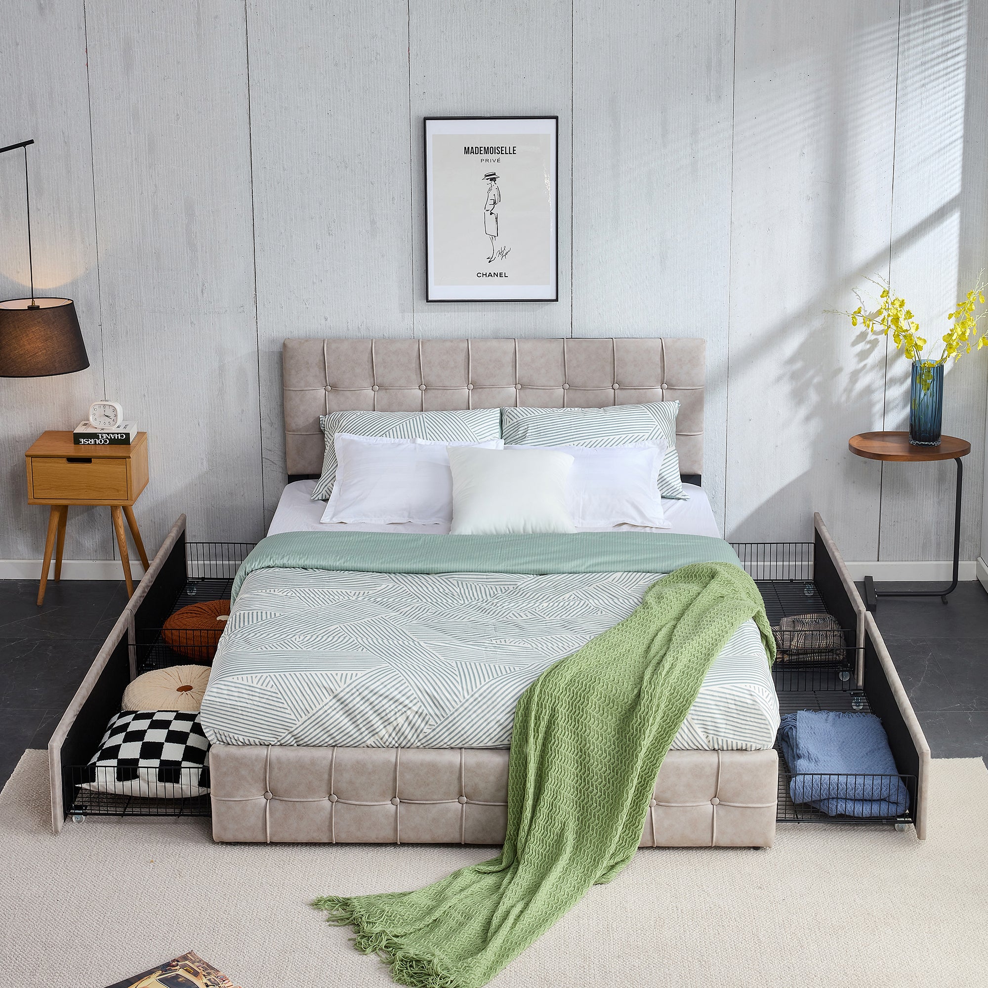 Queen Size Adjustable Headboard Height Storage Bed with 4 Drawers - Brow