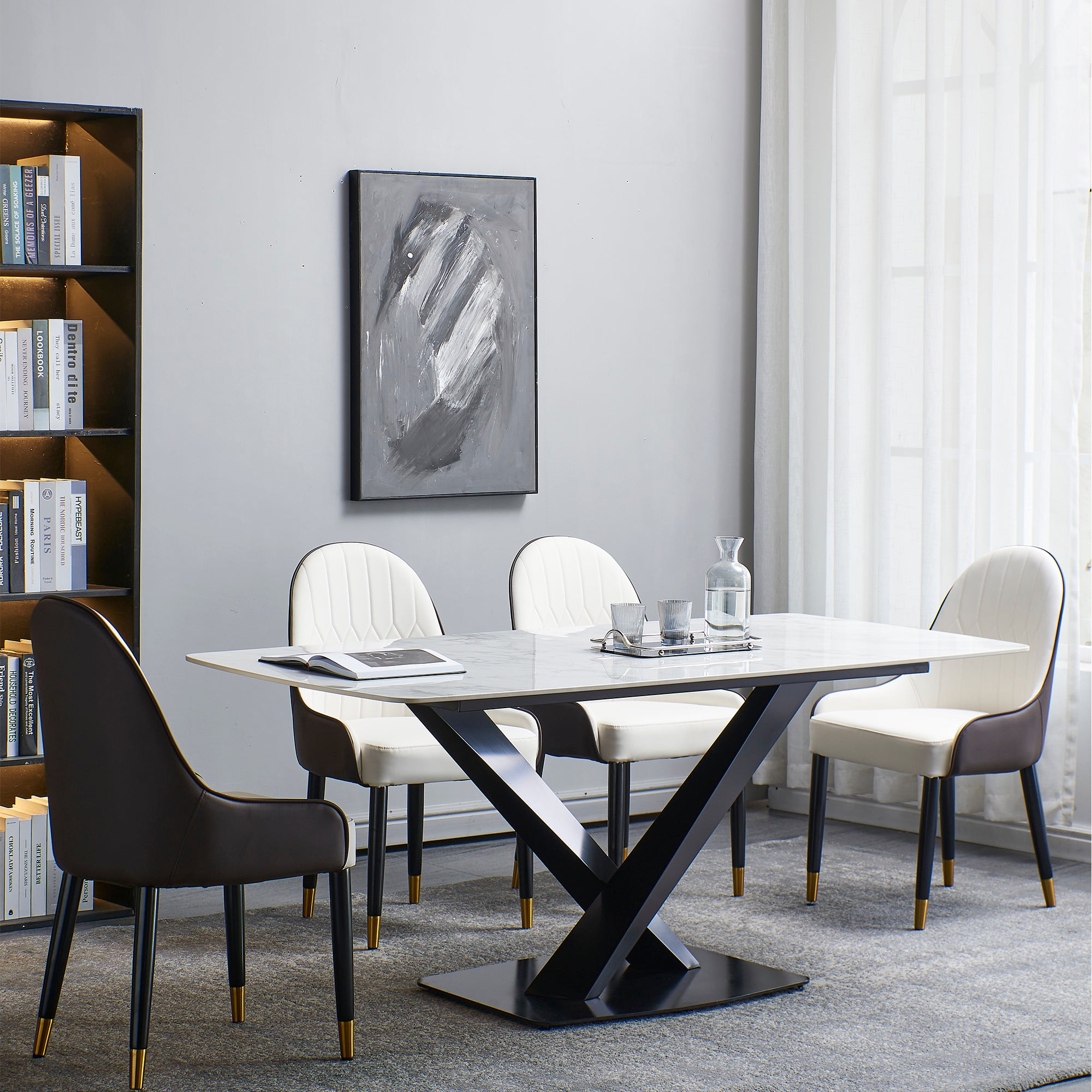 MAICOSY 63" Artificial Stone Dining Table Rectangular Black Metal Frame Leg (chairs not included)