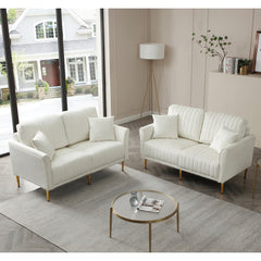 Set of 2 Couches 2-Piece Cream Velvet Upholstered Living Room Sofa, Including 2-Seater Sofa and Loveseat with Four Throw Pillows and Metal legs