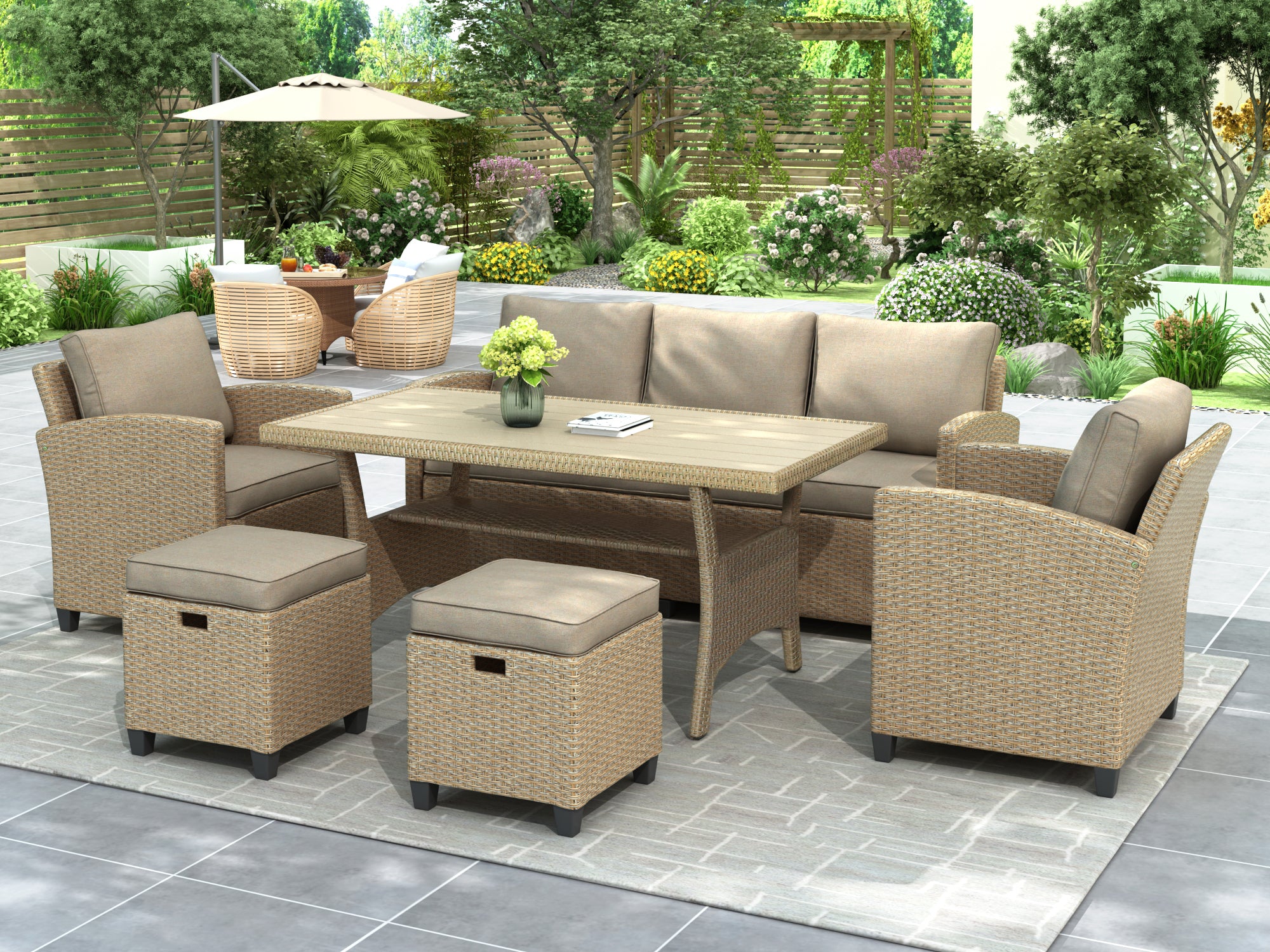 6 Piece Outdoor Rattan Wicker Set Patio Garden Backyard Sofa, Chair, Stools and Table - Brown