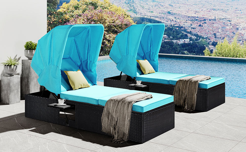 76.8" Long Reclining Single Chaise Lounge with Cushions, Canopy and Cup Table (Set of 2) - Black Wicker + Blue Cushion