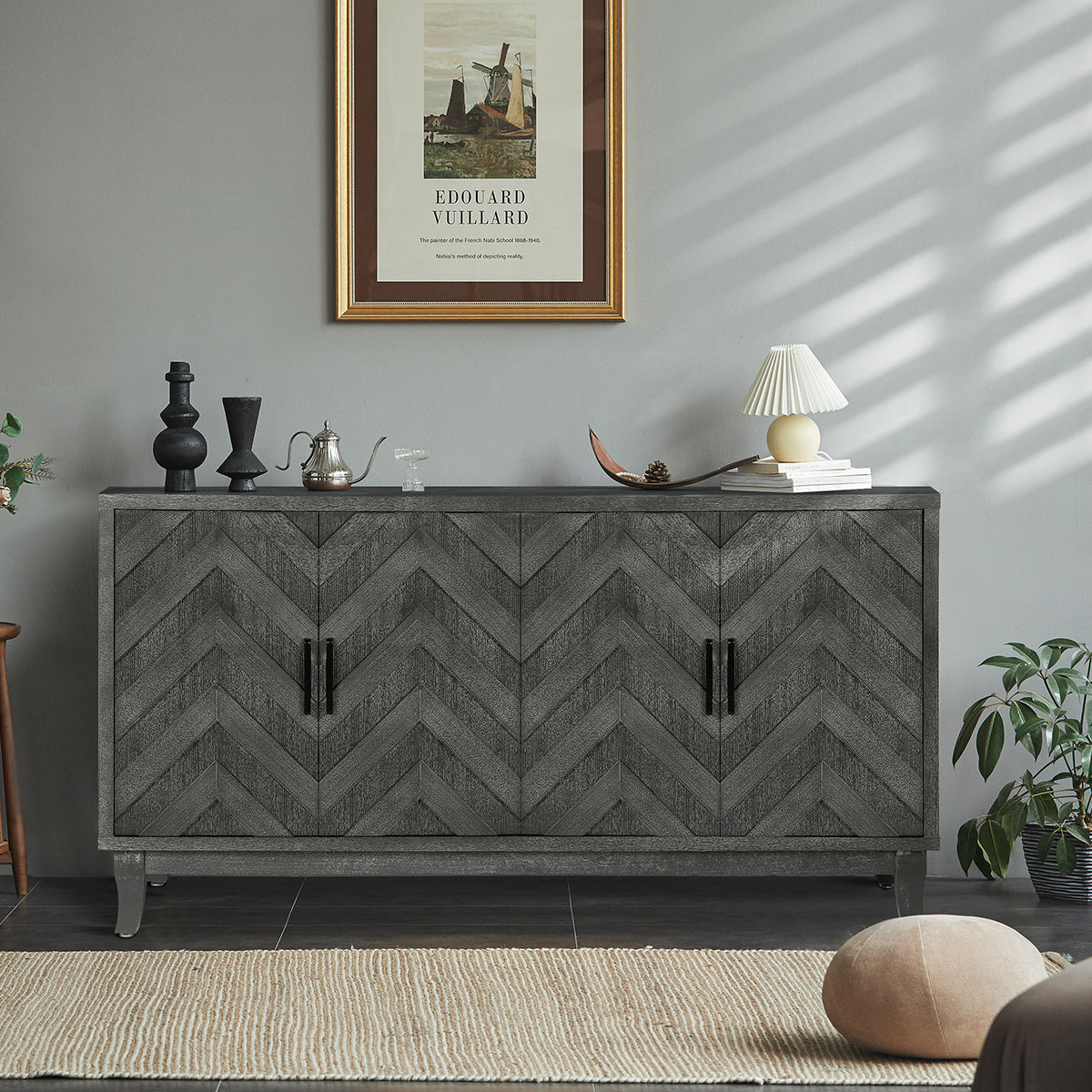 Stronger Vintage Style Buffet Cabinet, Lacquered Accent Storage 4 Door Wooden Cabinets,Thickened Sideboard Storage Cabinet - Taupe Grey