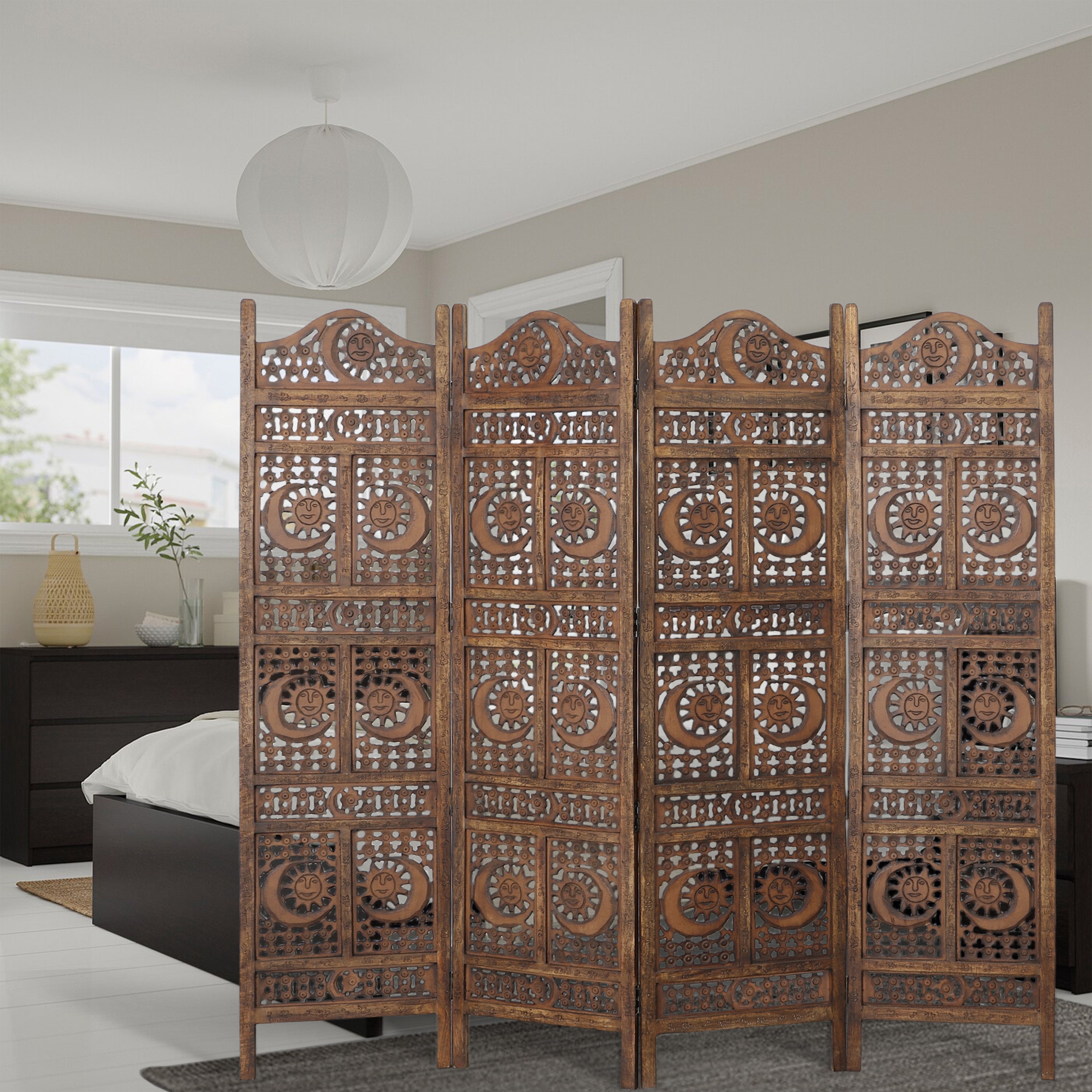 Hand Carved Sun And Moon Design Foldable 4 Panel Wooden Room Divider - Brown