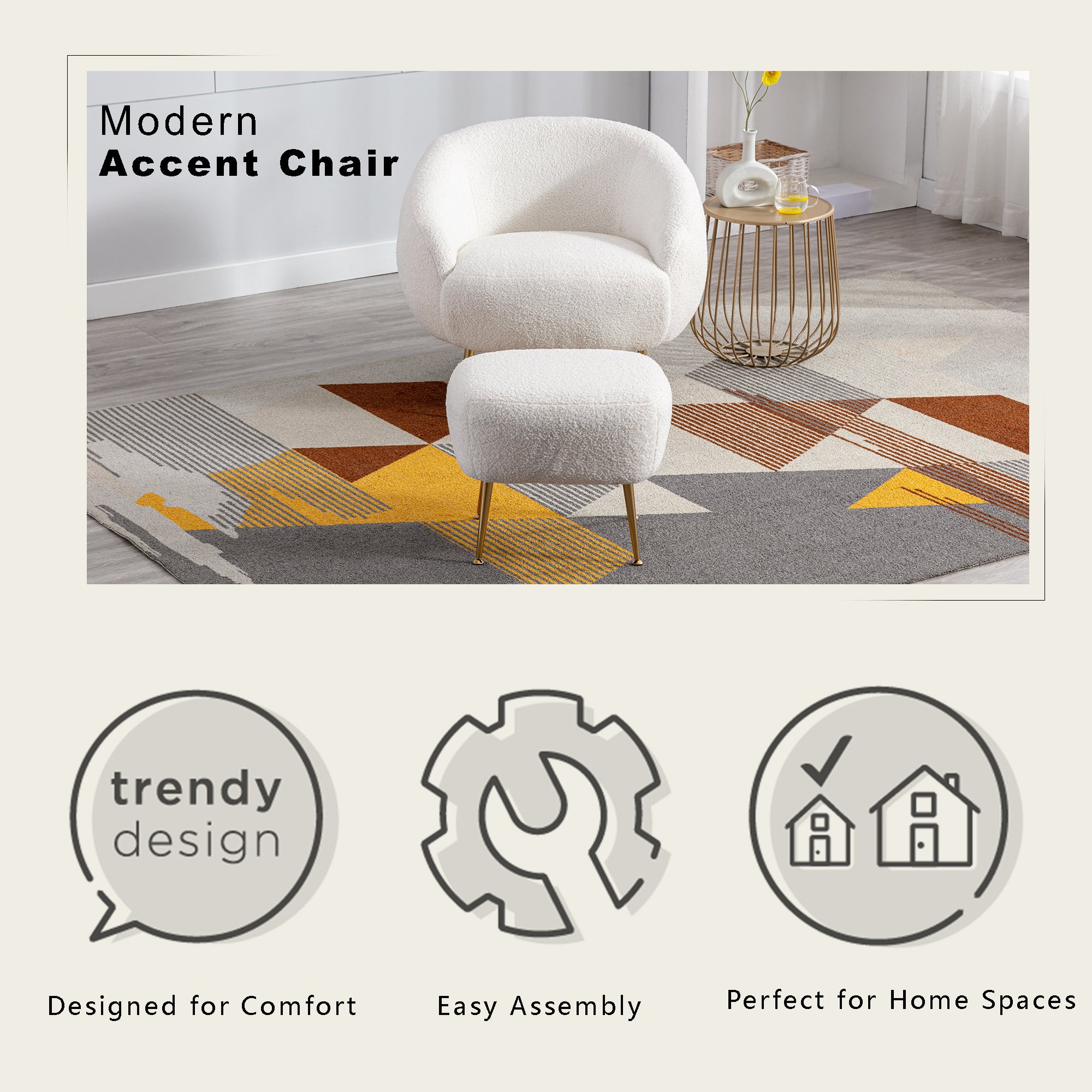 Modern Teddy Short Plush Comfy Armchair with Ottoman - White