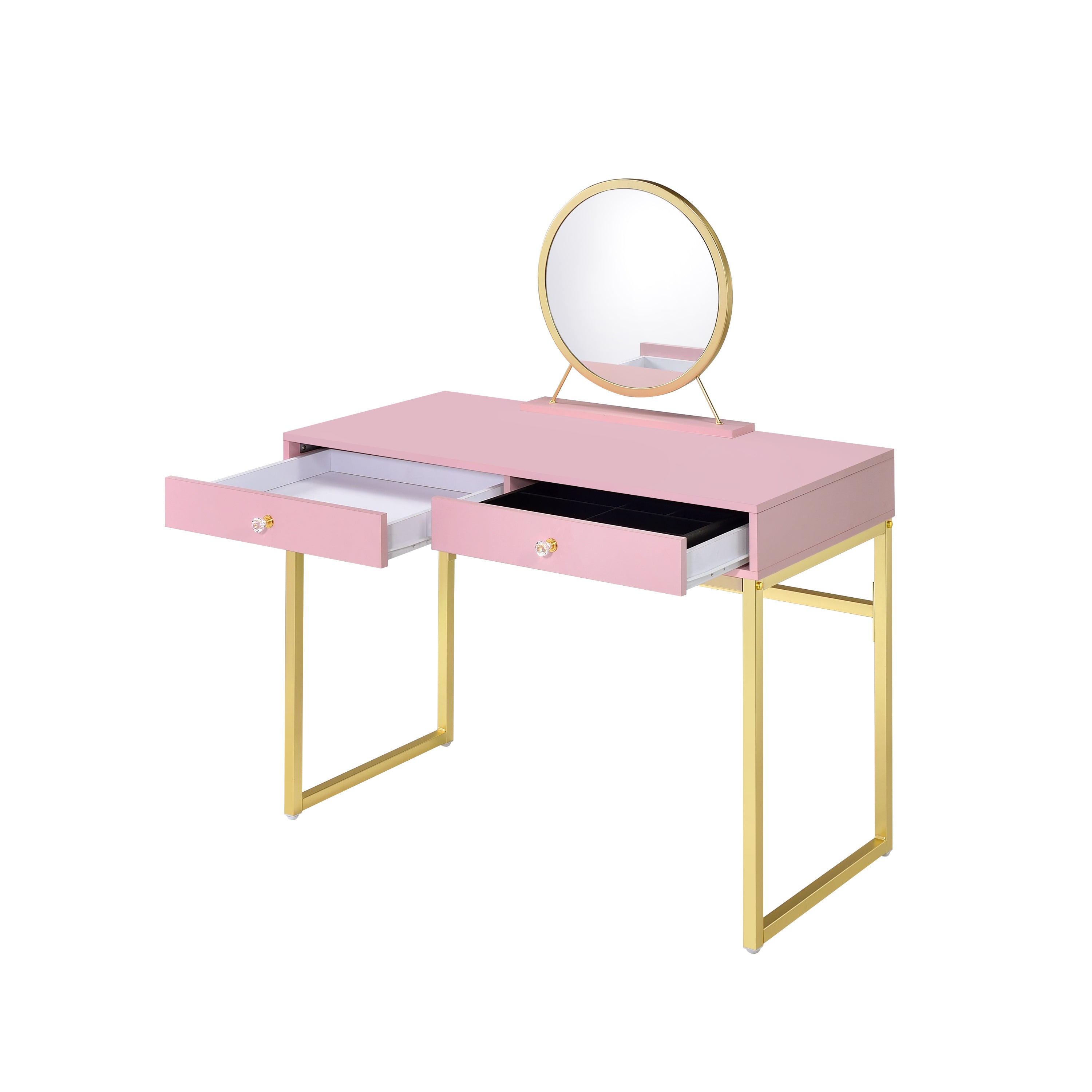 Vanity Desk w/Mirror & Jewelry Tray - Pink & Gold Finish
