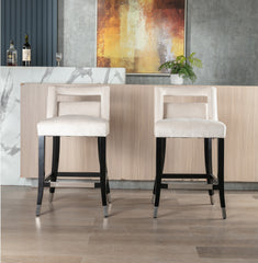 Suede Velvet Barstool with nailheads Dining Room Chair 2 pcs Set - 26 inch Seater height - Cream