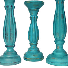 Handmade Wooden Candle Holder with Pillar Base Support (Set of 3) - Turquoise Blue