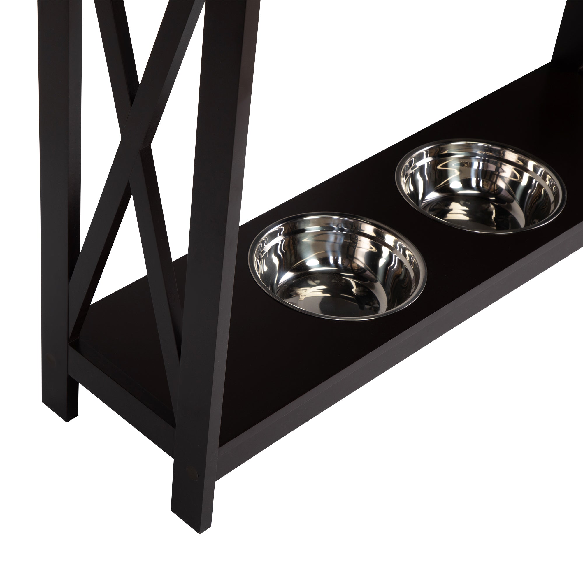 31.5"H Modern Console Table with Dog/Cat Bowls, X Frame Narrow Sofa Table - Brown and Black