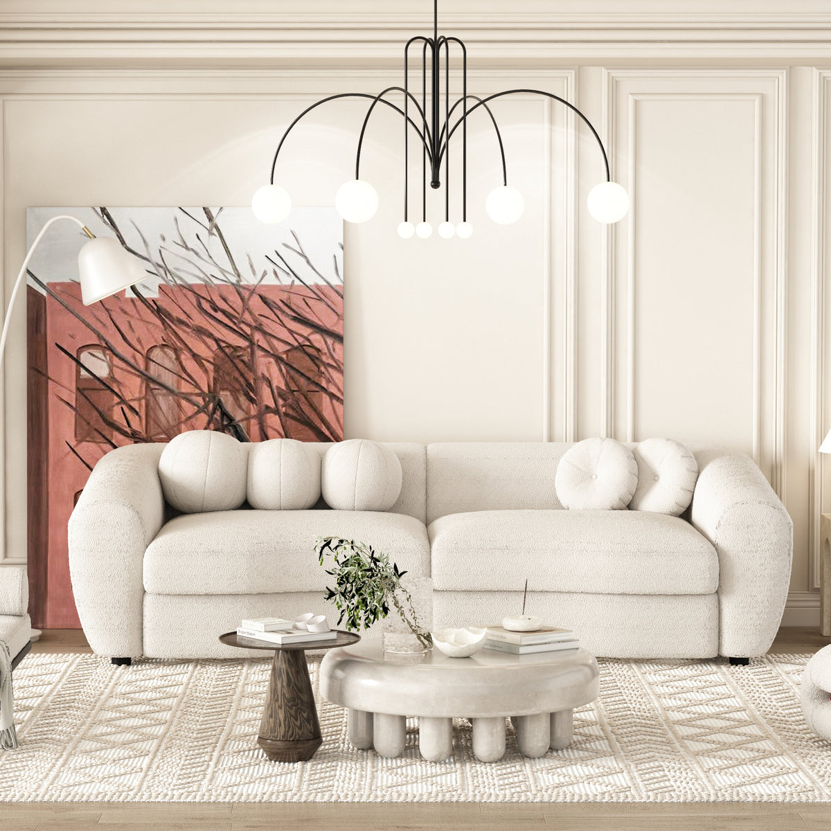 87.7" Modern Curved Sofa, Back Upholstered Couch with 5 Decorative Throw Pillows - Teddy Beige