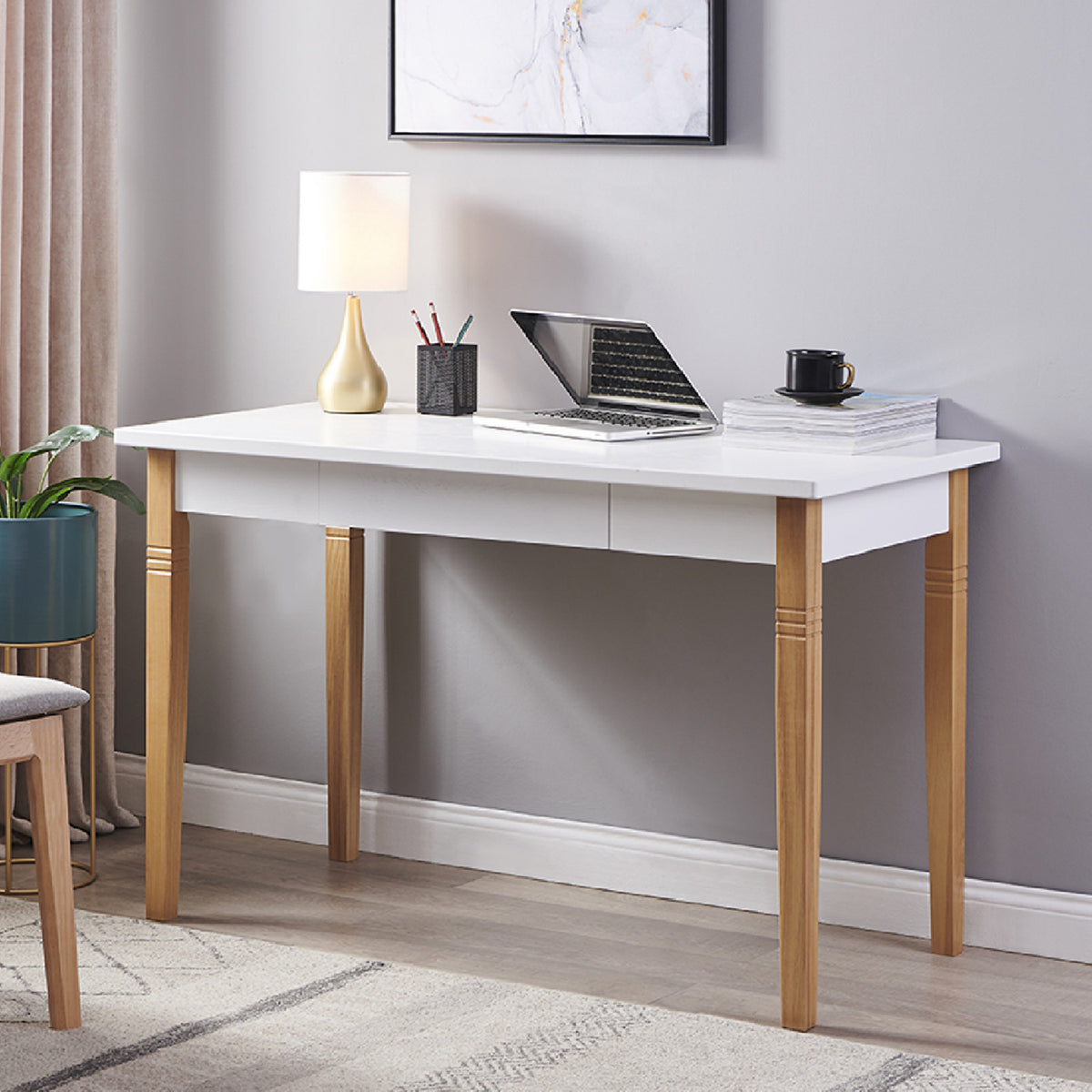 Home Office Desk Computer with Solid Wood Legs & 1 Drawer - White + Wood