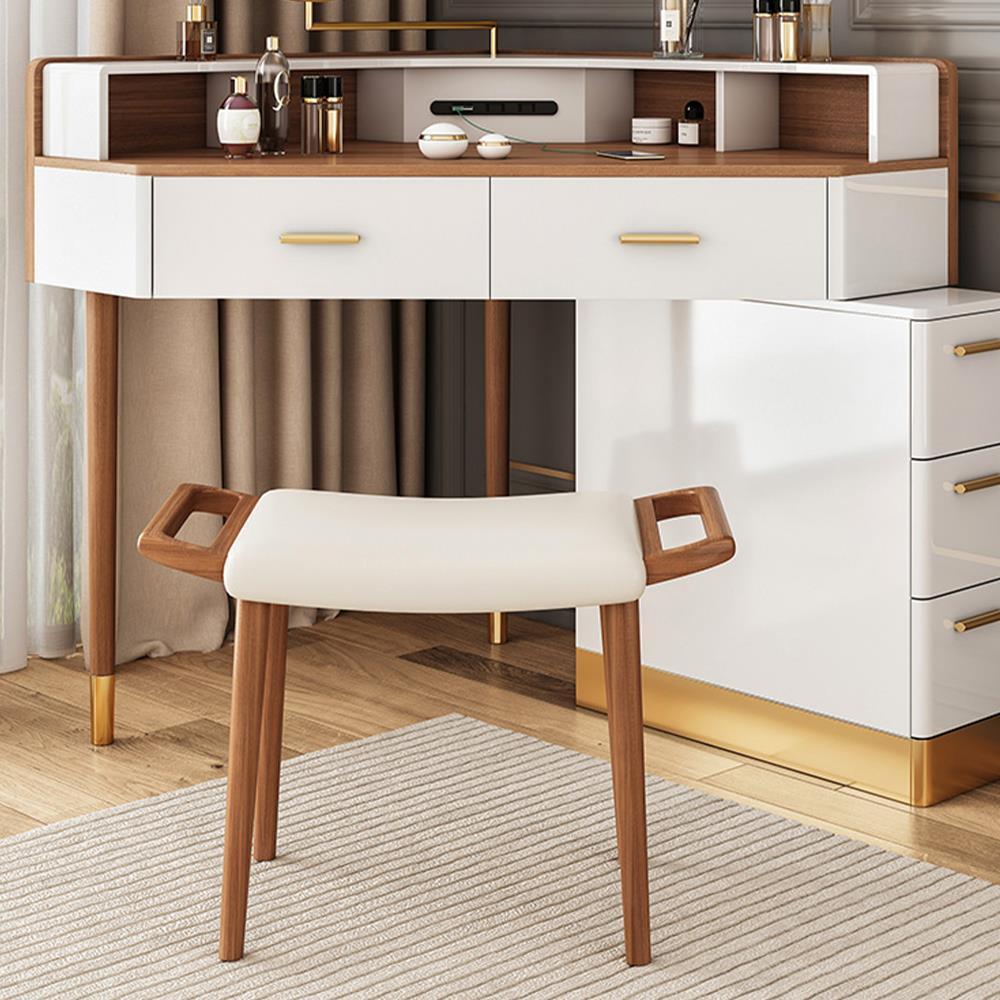 Modern Corner Makeup Vanity Table with LED Lighted Mirror, 5 Drawers, Stool