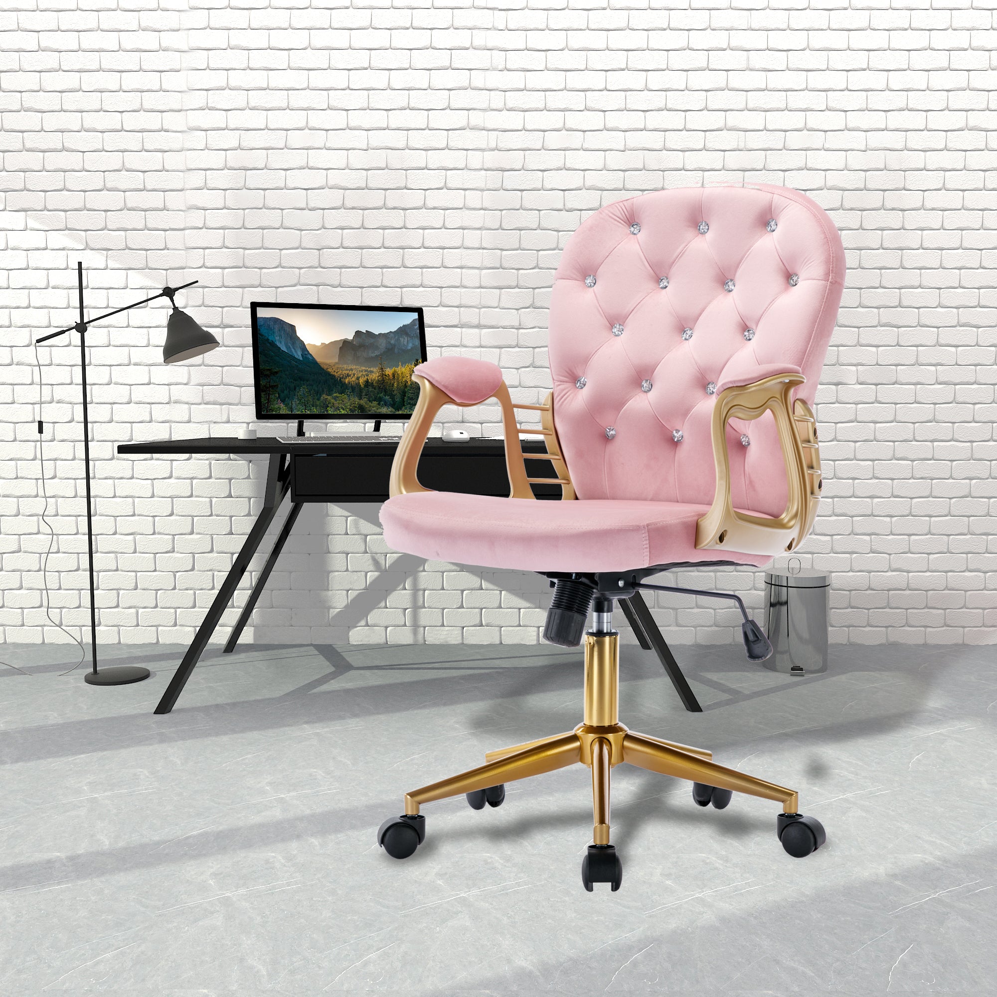 Velvet Home Office Chair with Wheels - Pink