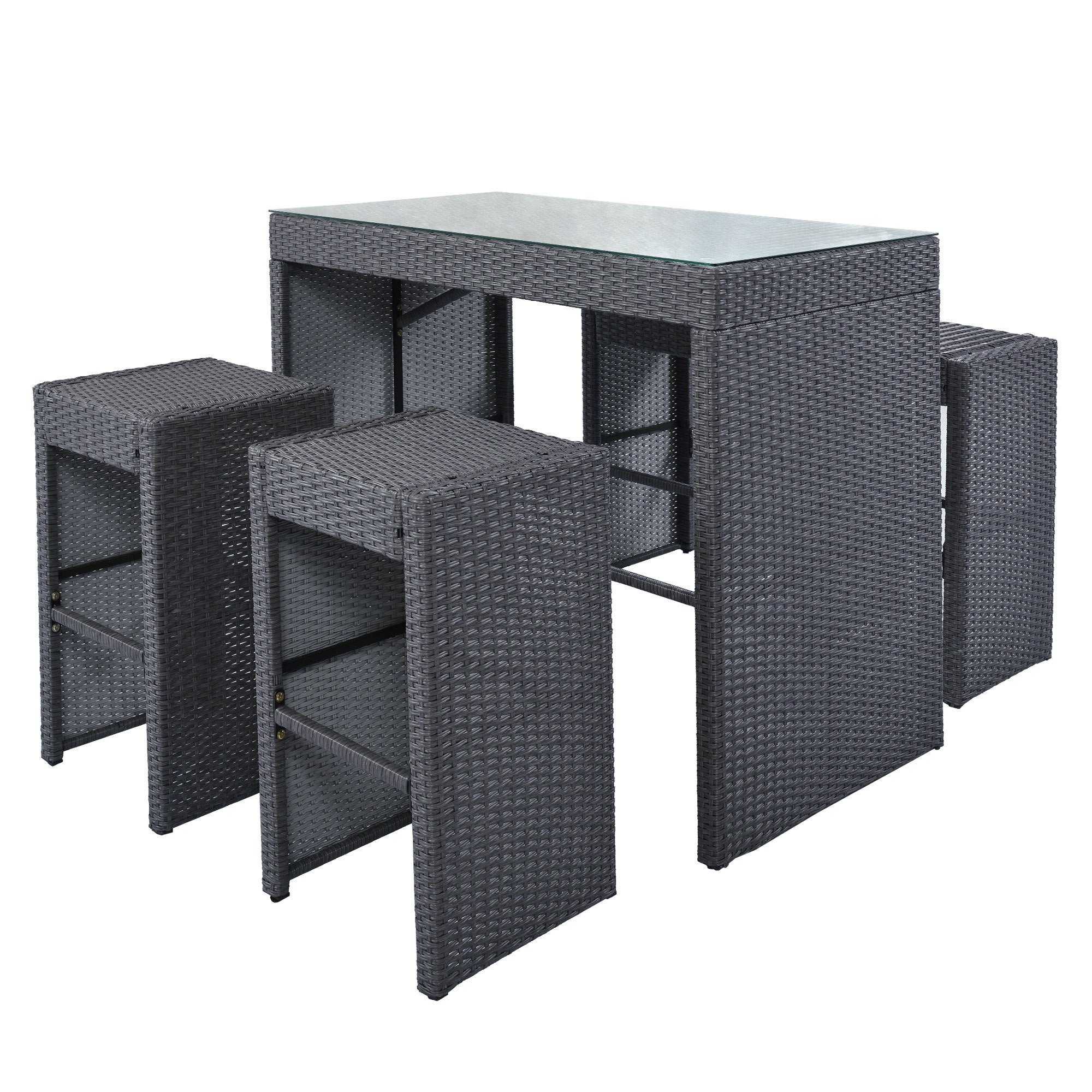 5-piece Rattan Outdoor Patio Furniture Set Bar Dining Table Set with 4 Stools - Gray Cushion + Gray Wicker