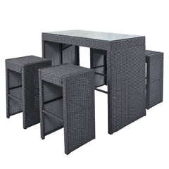 5-piece Rattan Outdoor Patio Furniture Set Bar Dining Table Set with 4 Stools - Gray Cushion + Gray Wicker