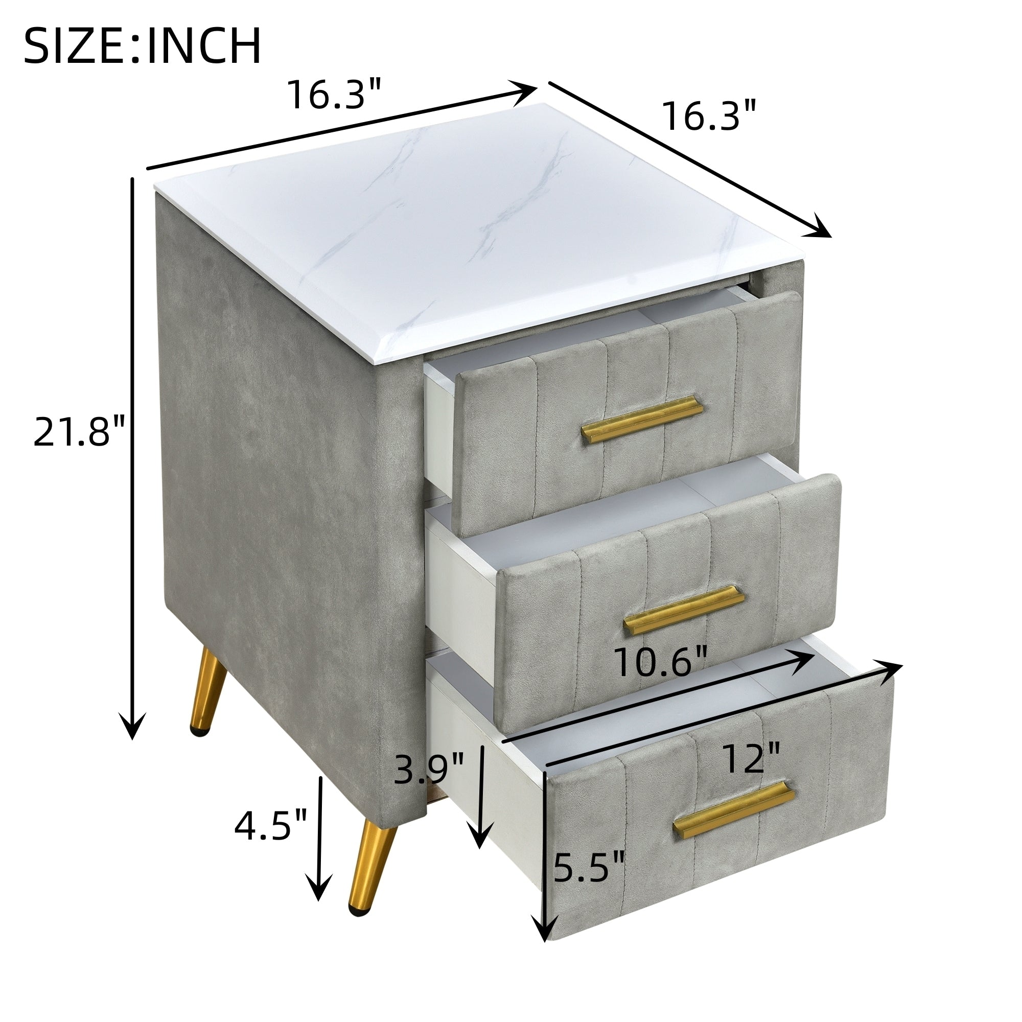 Upholstered Wooden Nightstand with 3 Drawers, Table with Marbling Worktop - Gray