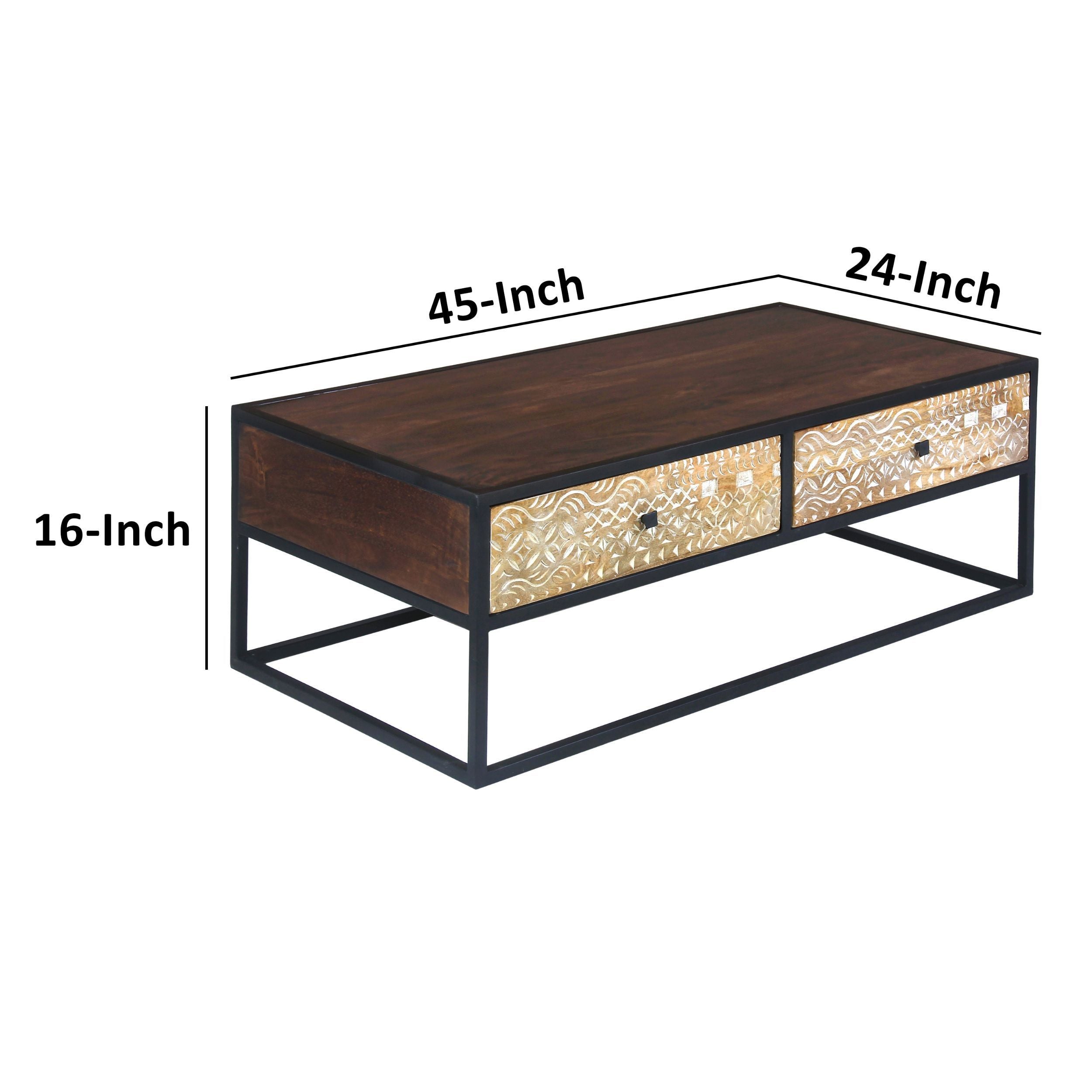 45 Inch Carson Rectangular Mango Wood Coffee Table with Metal Frame and 2 Drawers - Brown and Black