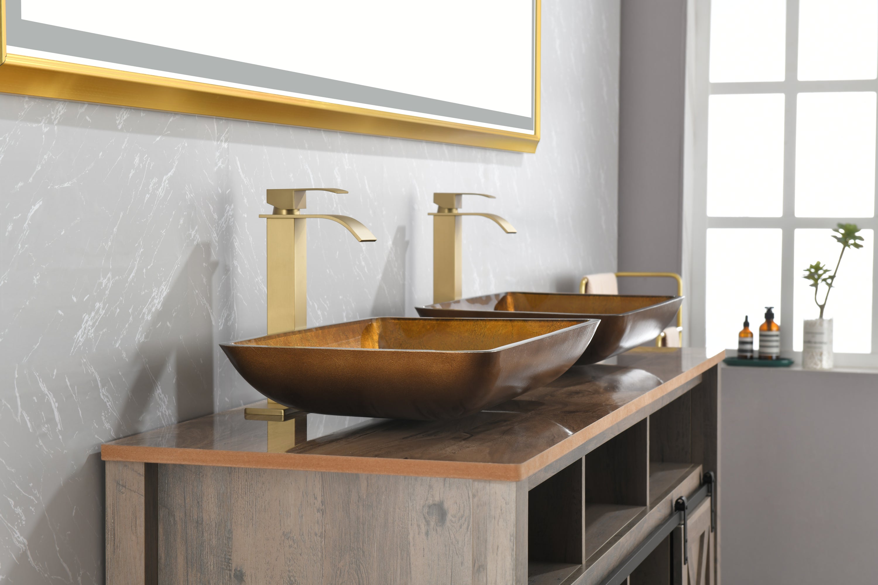 22.25" L -14.25" W -4 1/2" H Glass Rectangular Vessel Bathroom Sink Set with Gold Faucet and Gold Pop Up Drain