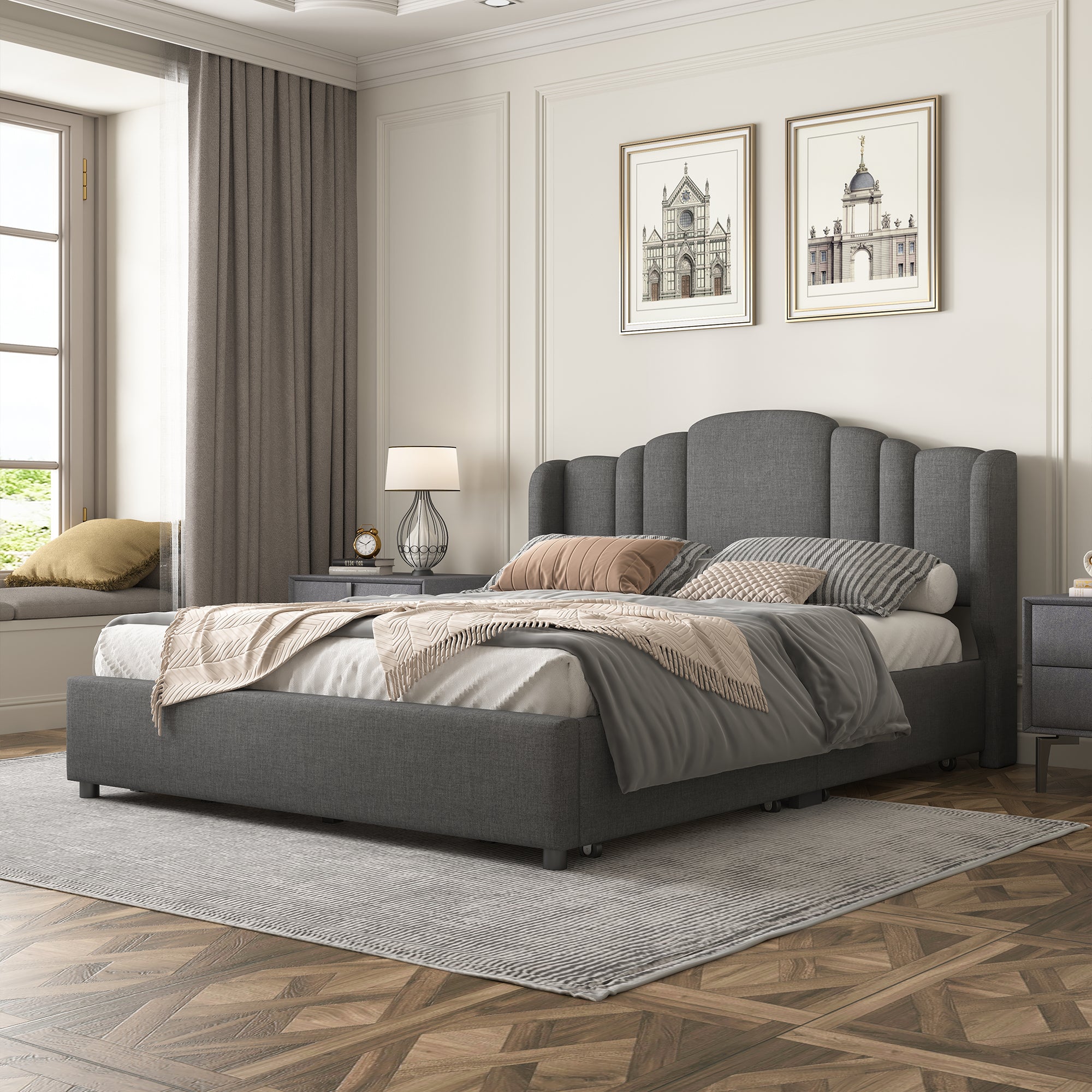 Queen Bed Upholstered Platform with Wingback Headboard and 4 Drawers - Grey