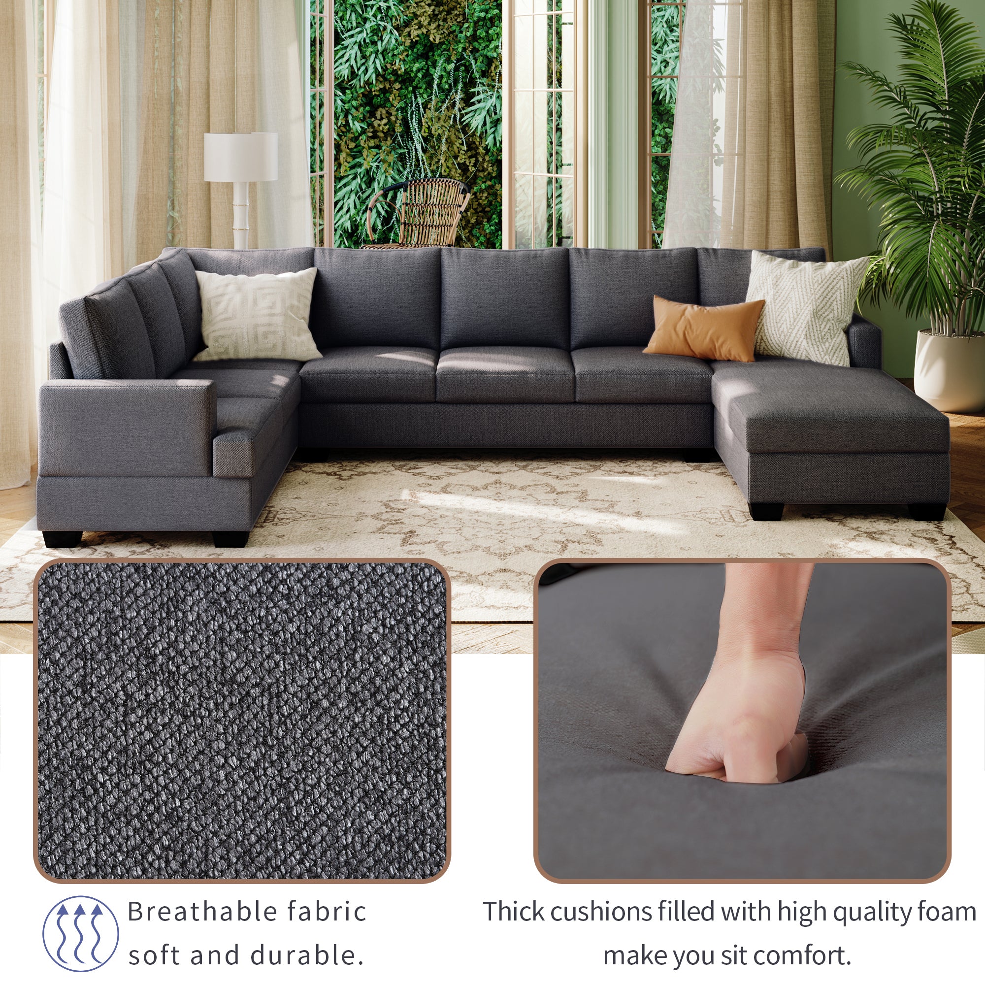 Modern Large Upholstered  U-Shape Sectional Sofa, Extra Wide Chaise Lounge Couch - Grey
