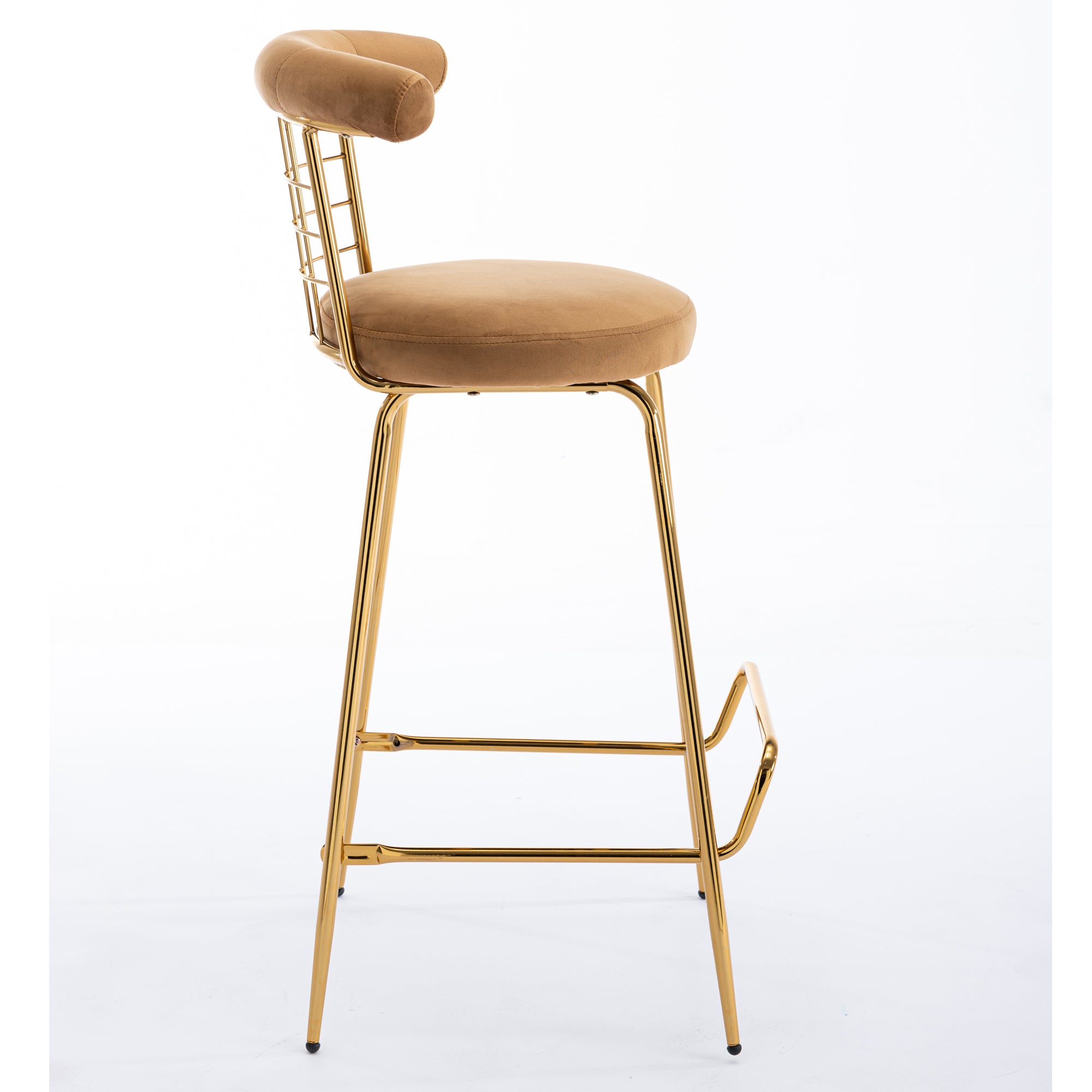 Luxury Velvet  High Bar Stool with Metal Legs and Soft Back - Camel