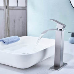 Waterfall Spout Bathroom Faucet, Single Handle Bathroom Vanity Sink Faucet - Brushed Nickel