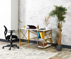 Gold Metal Frame 47" Wooden Top 2 Shelves Computer Desk - White