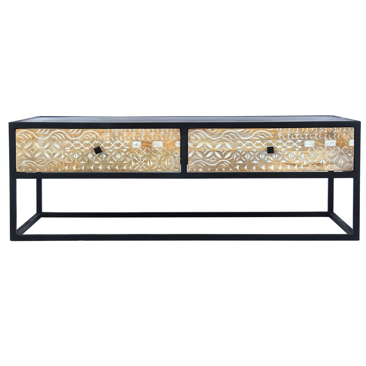 45 Inch Carson Rectangular Mango Wood Coffee Table with Metal Frame and 2 Drawers - Brown and Black