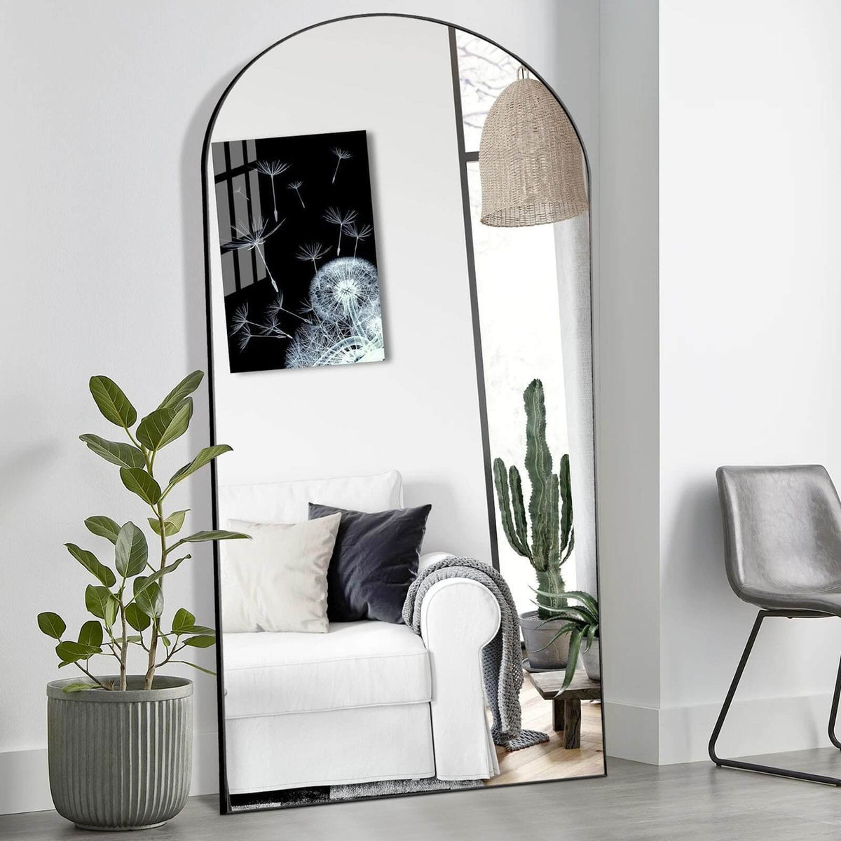 Wall Mirror with Stand Aluminum Alloy Thin Frame - Black