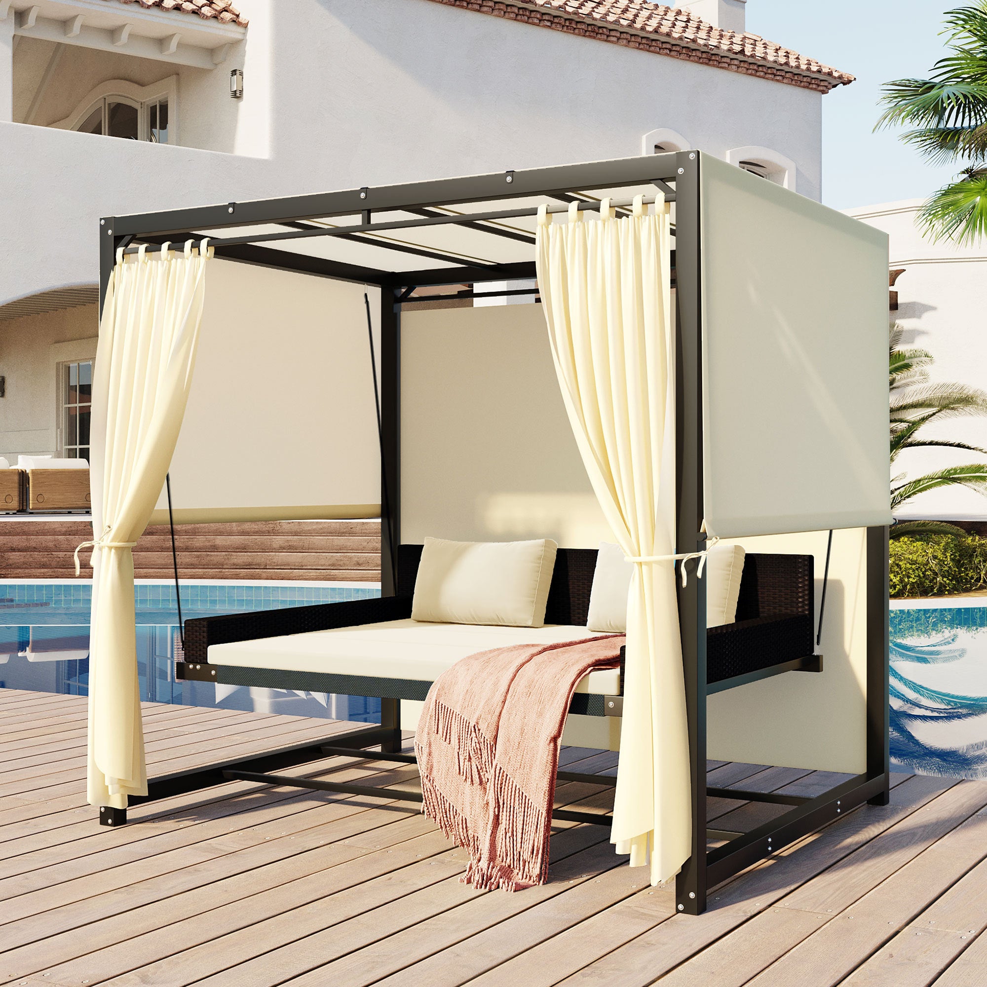 Outdoor Swing Bed for 2-3 People, Adjustable Curtains - Beige