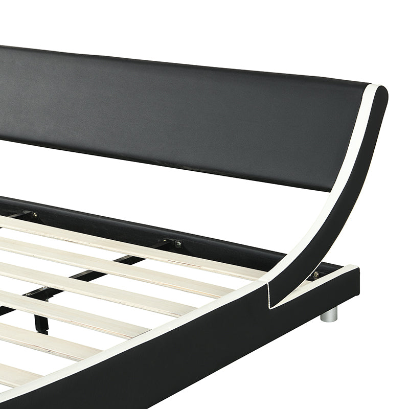 King Size Faux Leather Upholstered Platform Bed Frame, Curve Design, Wood Slat Support, No Box Spring Needed - Black+White